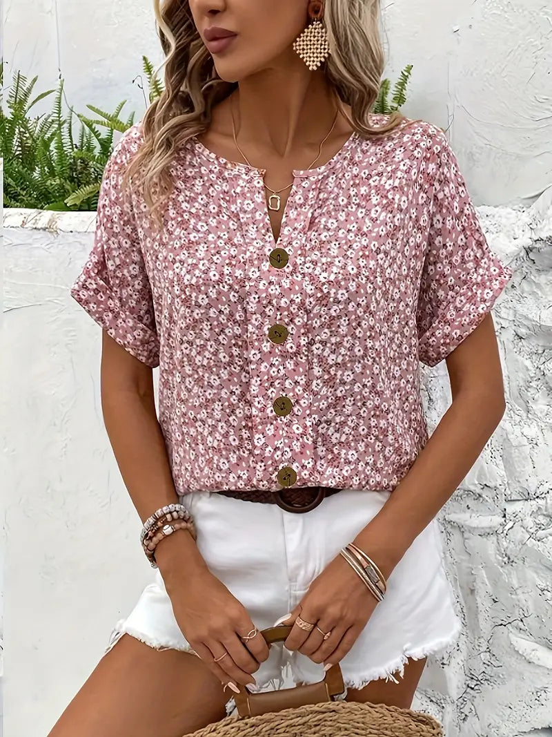 Eva - Floral Print Notched Collar Blouse