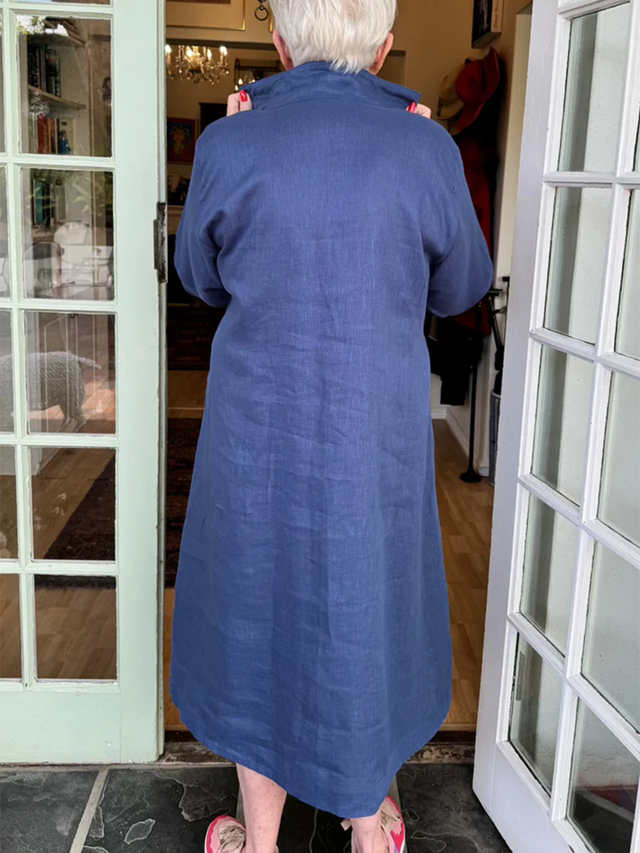 Accordion-pleated Shirt Collar Cotton and Linen Dress