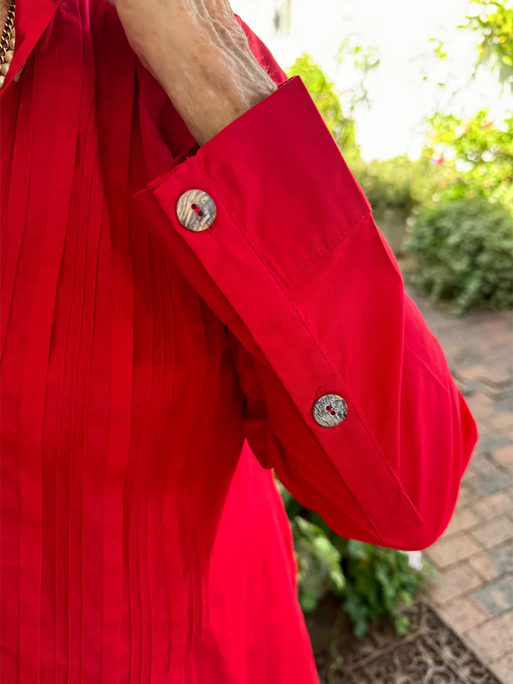 Accordion-pleated Shirt Collar Cotton and Linen Dress