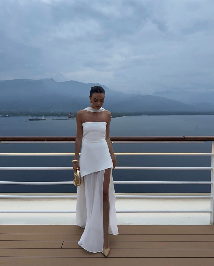 Ariadne - Strapless Patchwork Mesh Asymmetrical Maxi Dress