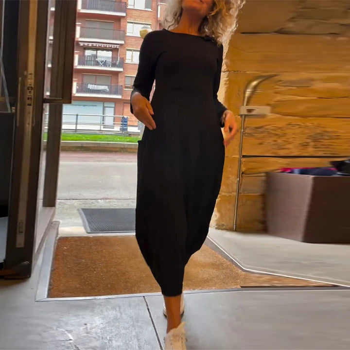 Tavina™ | Elegant Round Neck Pocket Dress